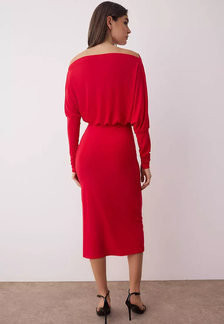 Red Plain Asymmetrical Single Sleeve Waist-Fitting Flexible Midi Knit Dress Twoaw25El00110