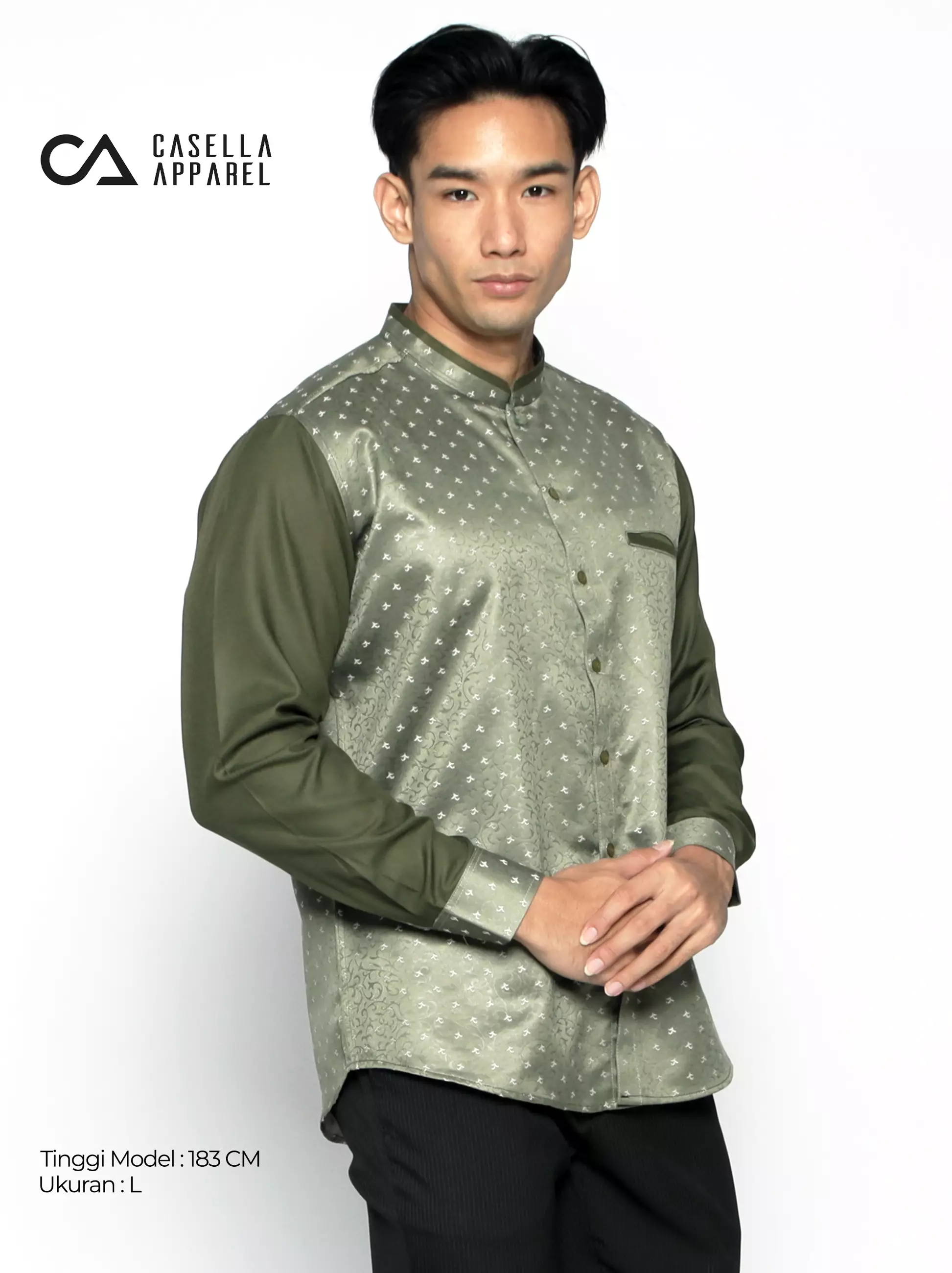 Casella Baju Koko Pria Lengan Panjang Kombinasi Batik Jeddah Design 9925 Army