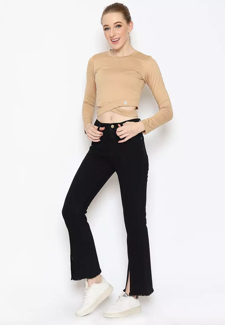 Fitwear Studio - Jeans Cutbray Jihan Highwaist Stek - BLACK PLAIN