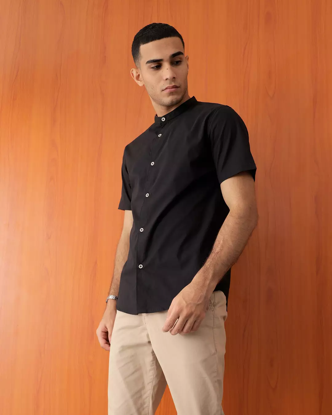 OXCON Kemeja collarless kerah koko Suede Kasual Pria Lengan Pendek Black