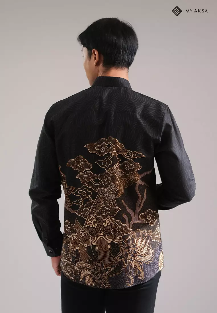 My Aksa Kemeja Batik Pria Lengan Panjang Trikot Mahaveer Black