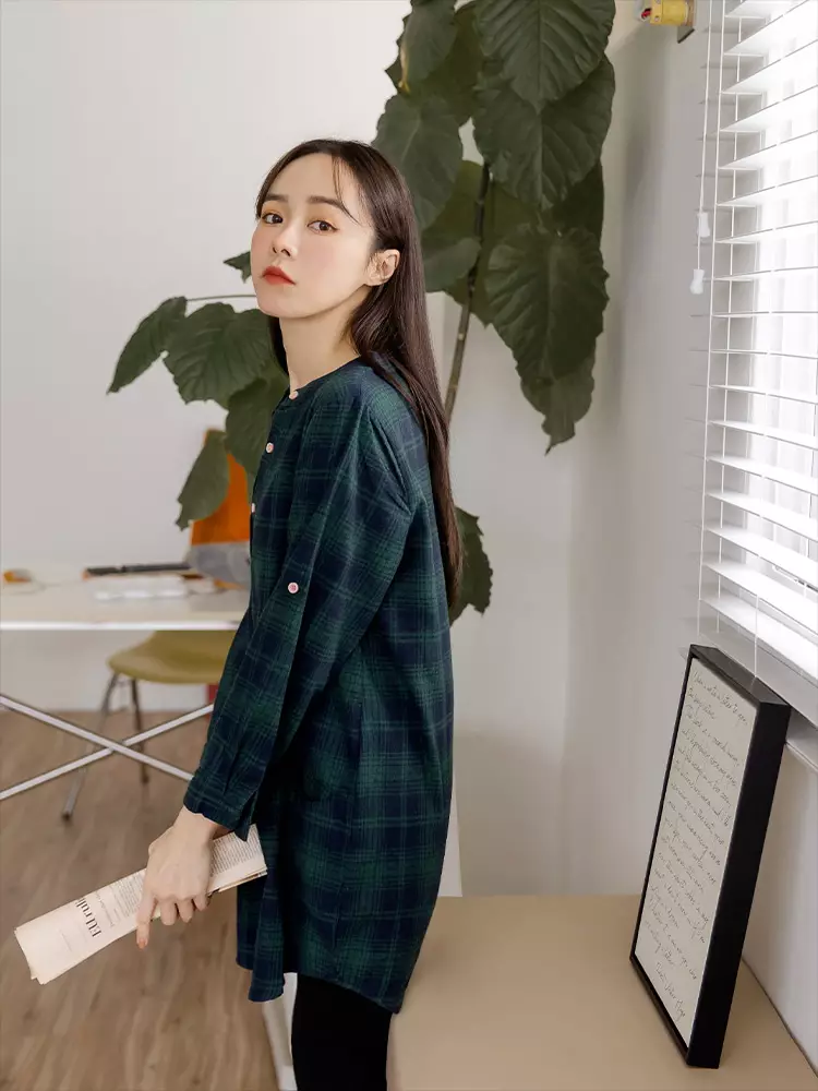 Fake Two-piece Plaid Buttoned Double Pocket Long Top [AB19163]