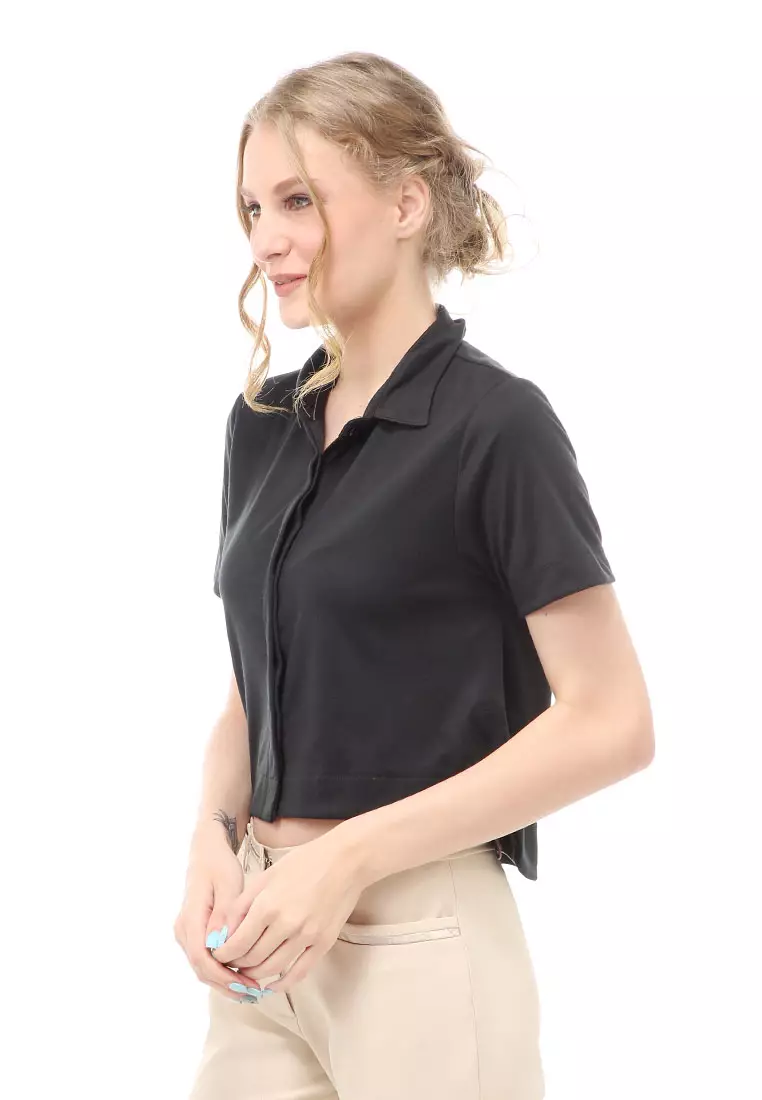 Holly Atasan Kasual Wanita Top Kemeja Crop Lengan Pendek Double Placket Material Cotton ORIGINAL - Black