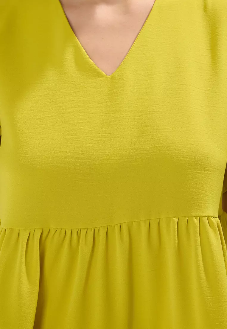 Oil Green Plain Straight Cut Mini Woven Dress