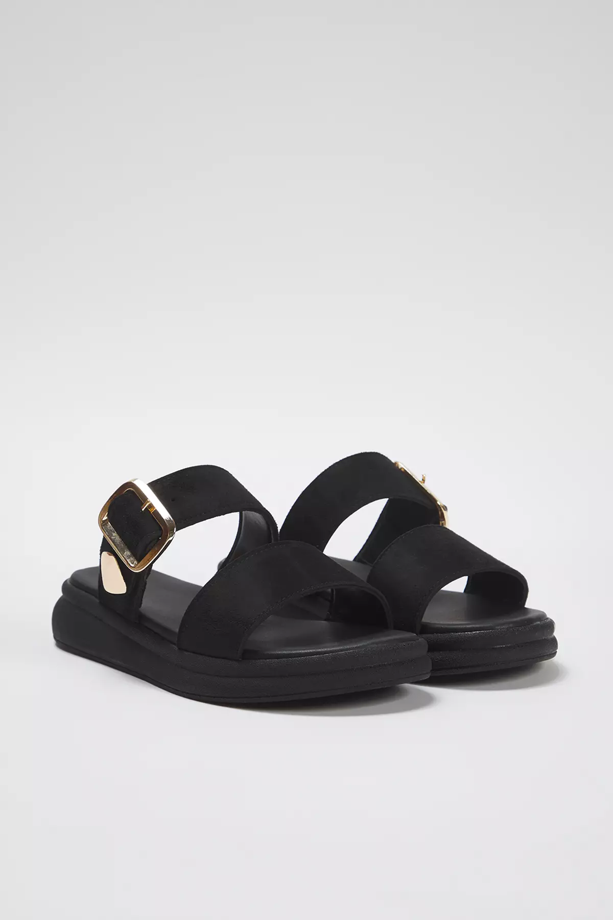 Black Suede Gold Buckle Flat Women's Slippers Takss25Te00006