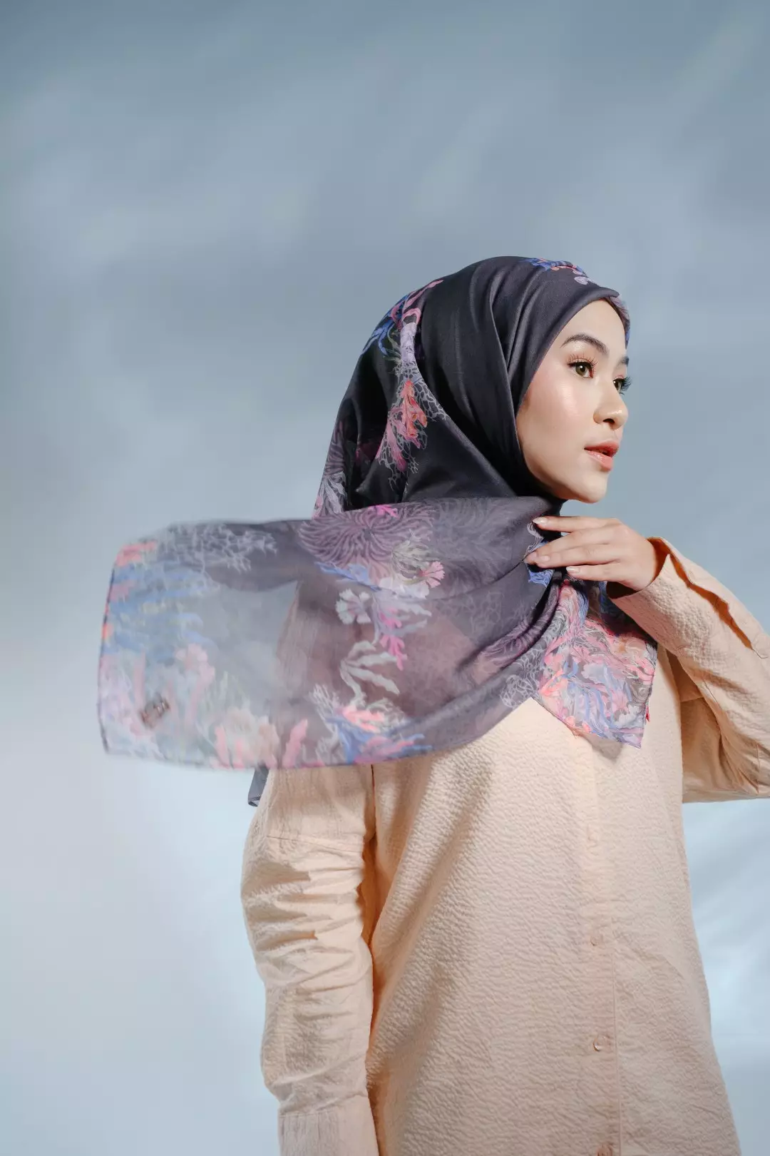 PELAGIA Scarf Black - Kerudung Hijab Segiempat Motif With BOX - Bahan Nesla - Ukuran 115x115