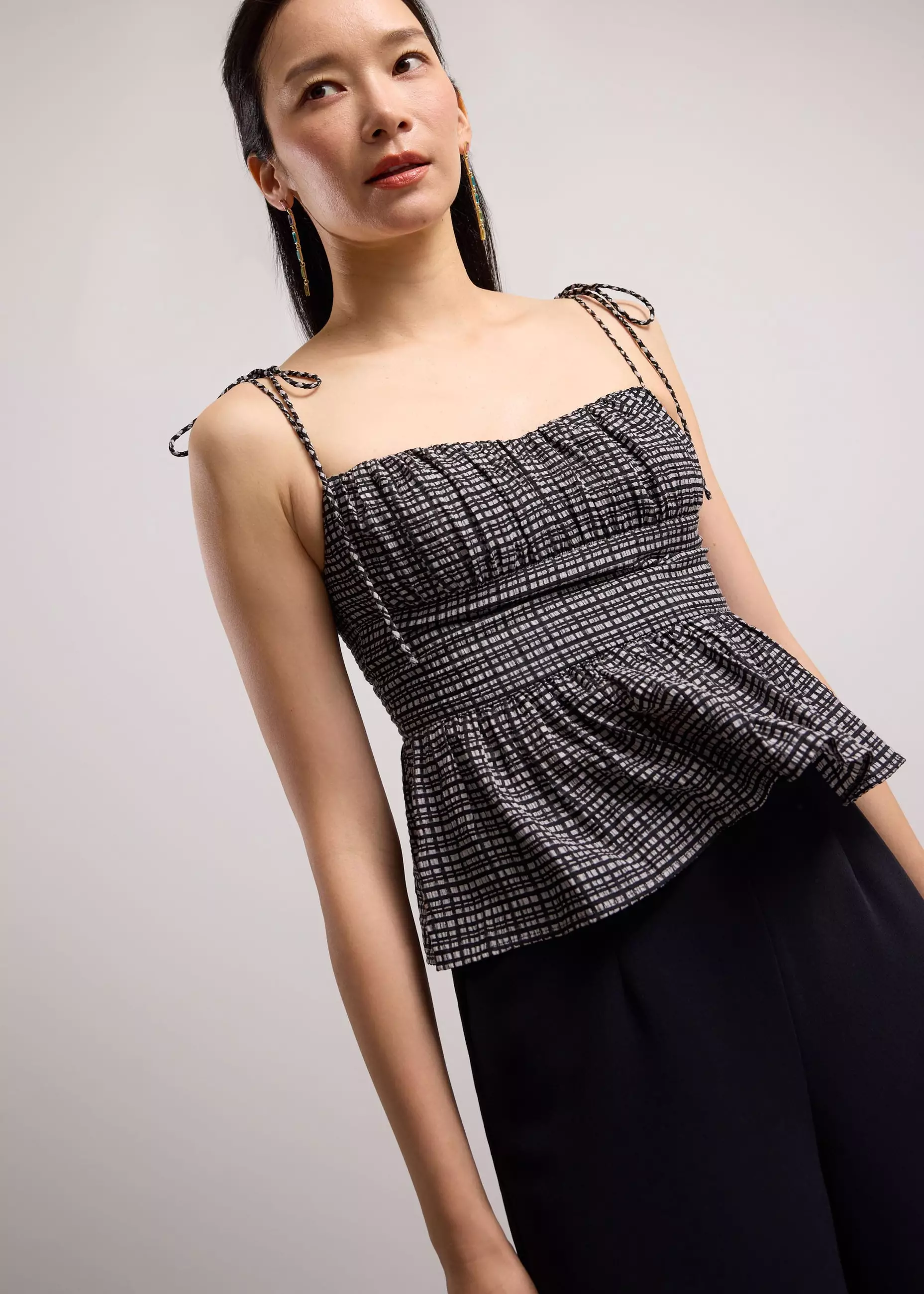 Atasan Wanita - Crinkled Check Lyocell Sweetheart Camisole Peplum Top