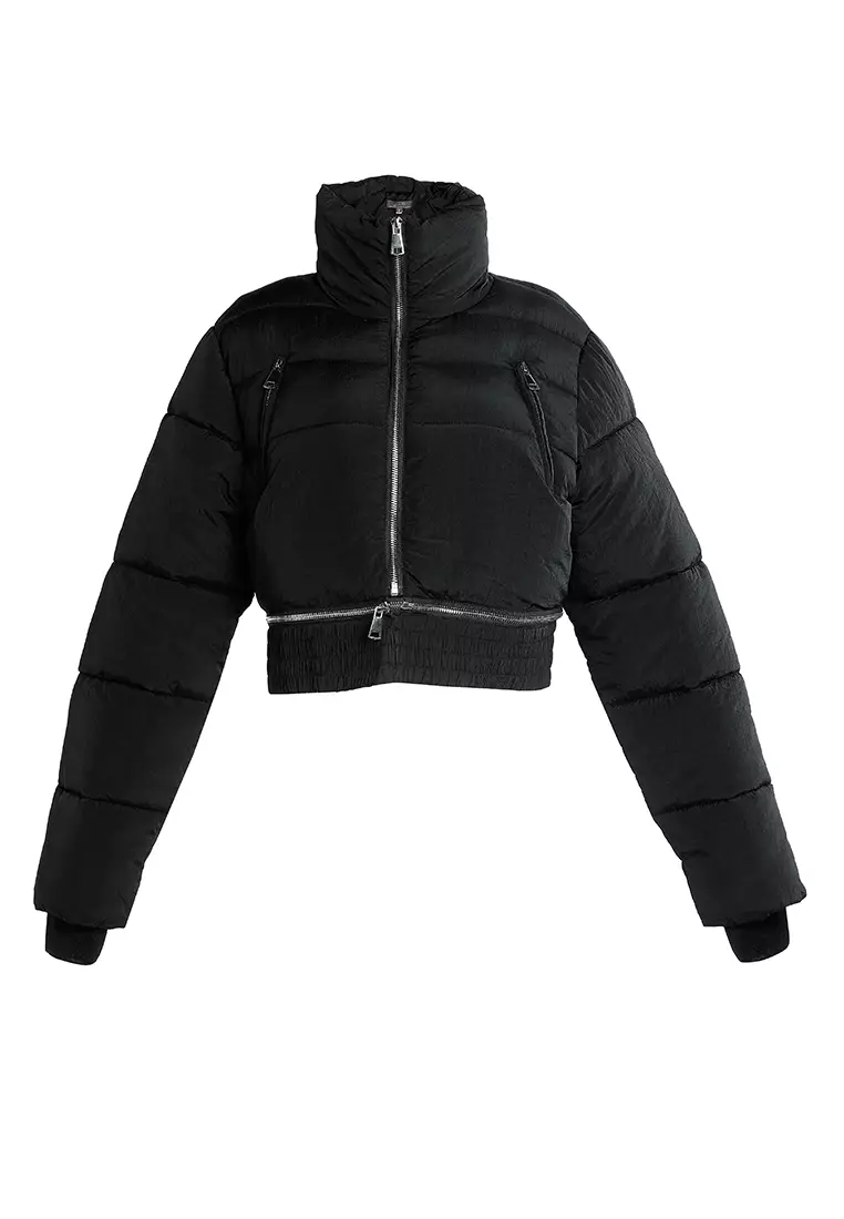 Jaket Puffer Turtleneck Dipotong Hitam yang Dapat Dilepas