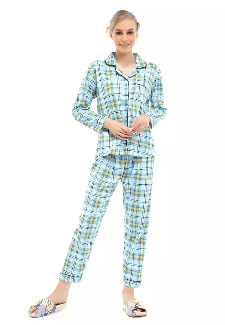 Vance Setelan Piyama Baju Tidur Wanita Lengan Panjang Motif Kotak Material Cotton ORIGINAL - Blue