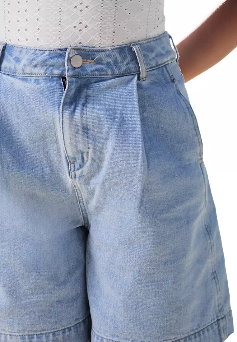 Denim Wide Leg Shorts With Yoke Detail