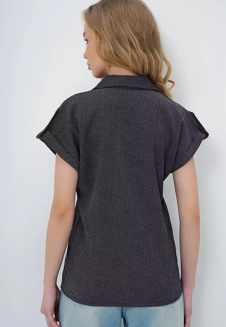 Women's Anthracite Cuffed Double Short Sleeve Textured Shirt