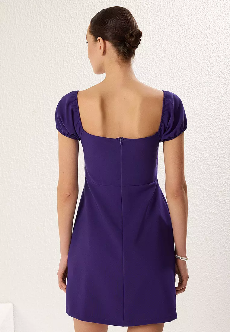 Purple A-Line Carmen Collar Mini Woven Crepe Dress
