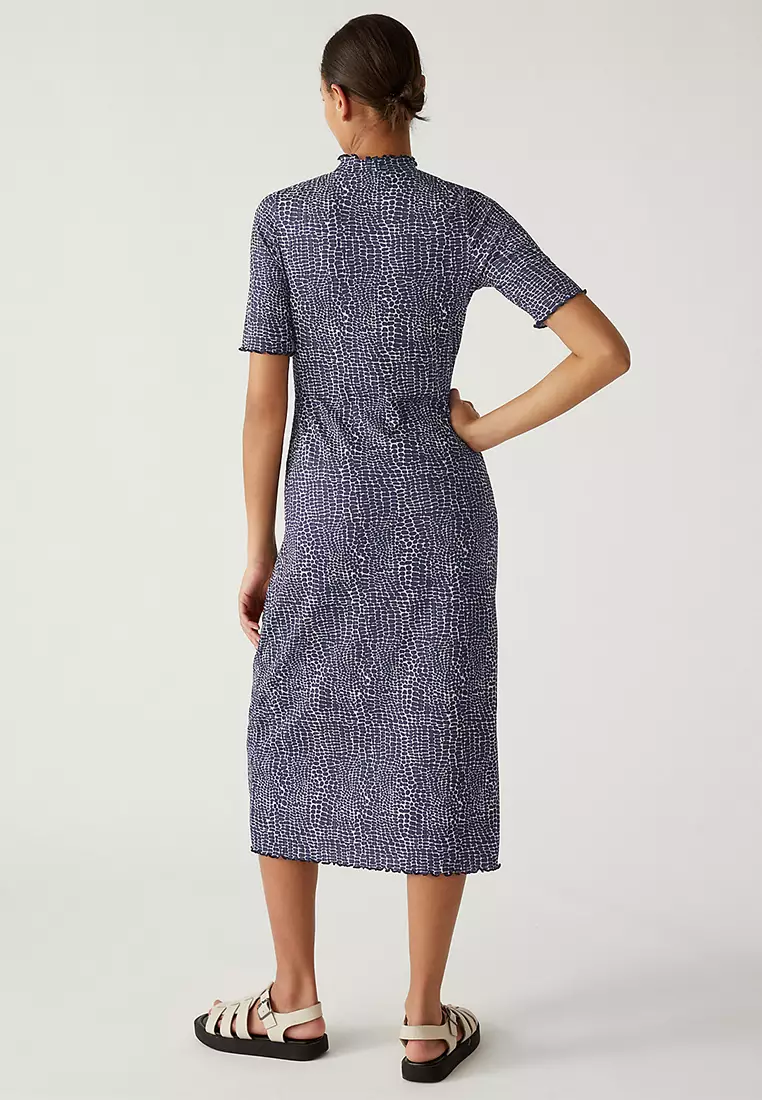 Jersey Printed Ribbed Midi Column Dress
