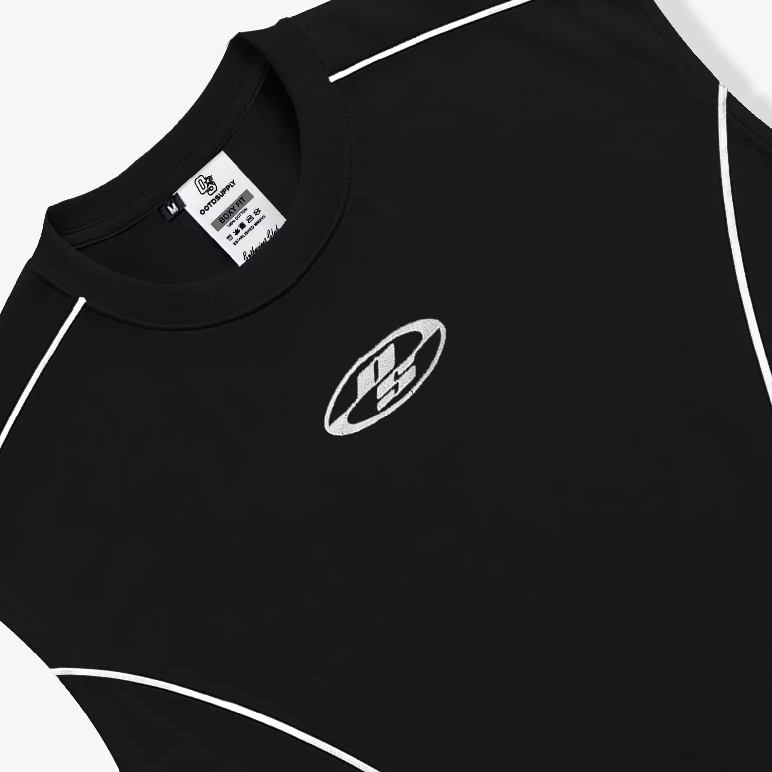OOTDSUPPLY Oversize Boxy Sleeveless List Neocore Embroidery Black l Tshirt Oversize Singlet | Singlet Lekbong | OVZ-SINGLET-STITCH-NE