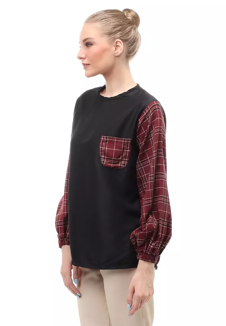 Shana Blouse Dual Tone Color Lengan Puff Atasan Wanita - Garnet