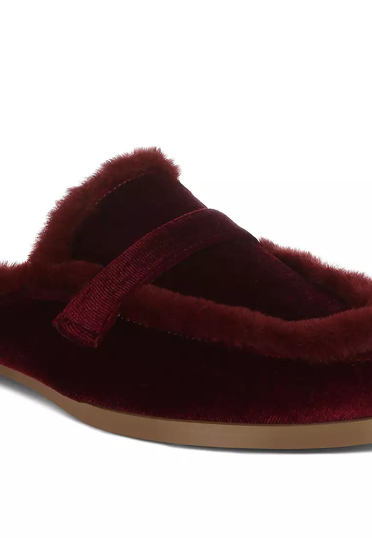 Fur Detail Velvet Slip-On Mules in Burgundy