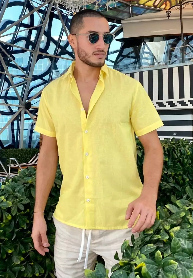 Pineapple Kemeja Linen Lengan Pendek Pria kuning | Linen Short Sleeve Shirt Men Yellow
