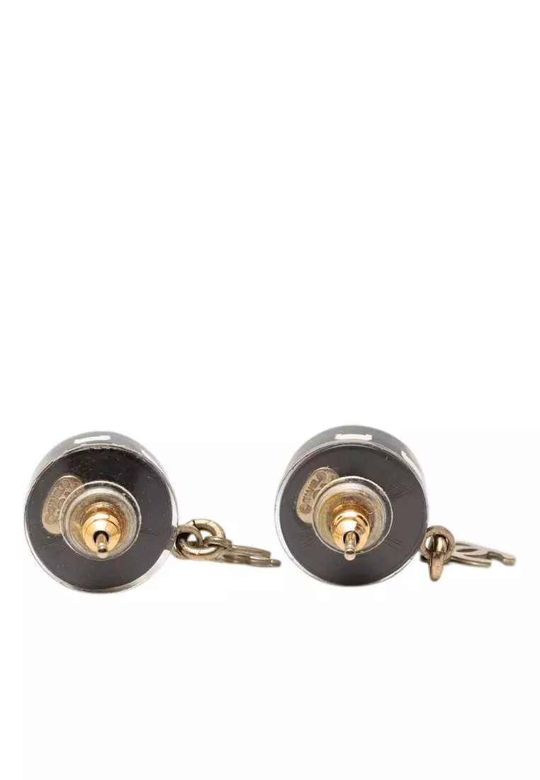 Pre-Loved Chanel Brass Resin Cc Drop Round Push Back Earrings