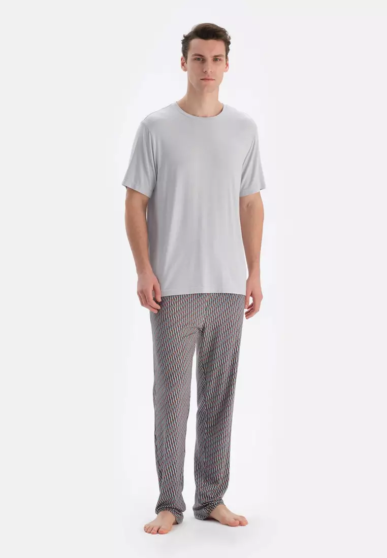 Ice Blue T-Shirt & Trousers Knitwear Set, Crew Neck, Regular, Long Leg, Short Sleeve Sleepwear for Men