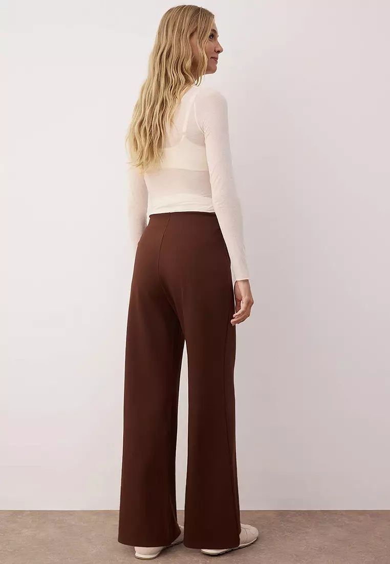 Brown Interlock Wide/Leg Wide Cut Stretch Knit Ribbed Trousers