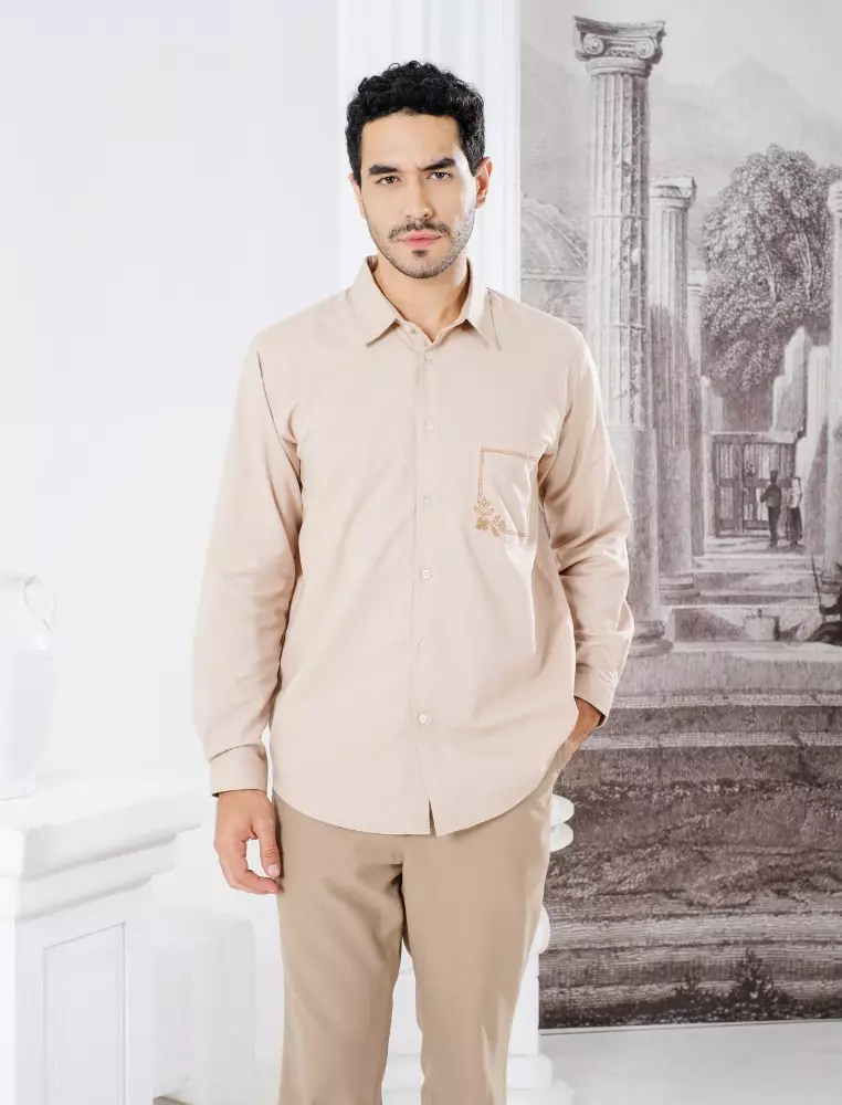 CLAY Menswear Khaki - Baju Koko Pria Lengan Panjang - Bahan Premium Cotton Blend