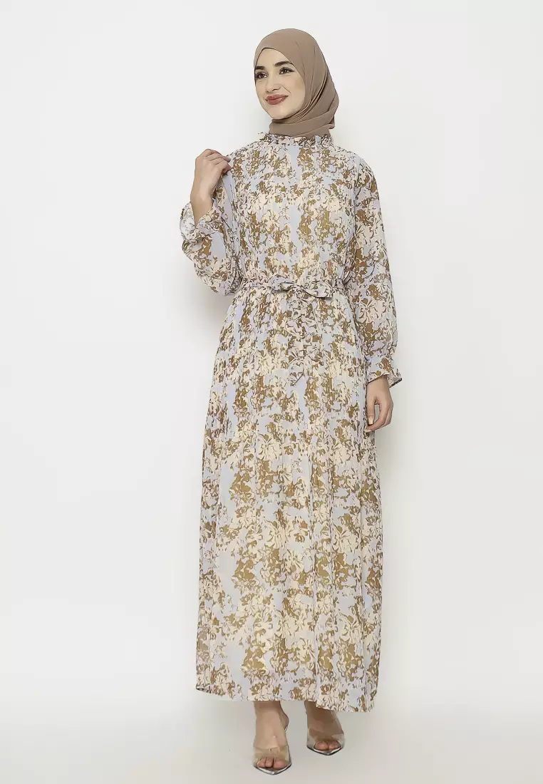 Urban Exchange Aiysah Gamis Blue - Gamis Printed Blue Pleat Warna Blue