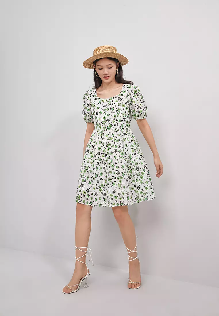 Square Neck Textured Floral Mini Dress