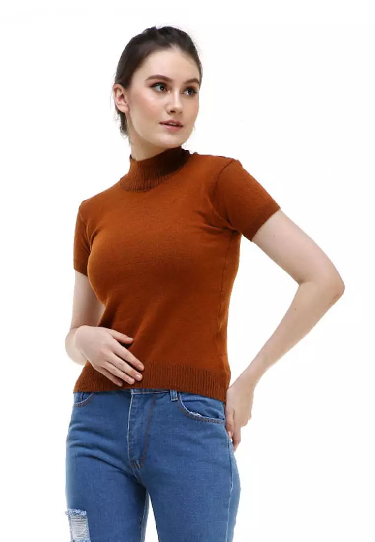 Earl Tshirt Lengan Pendek Turtleneck Design Simple Atasan Wanita - Bata