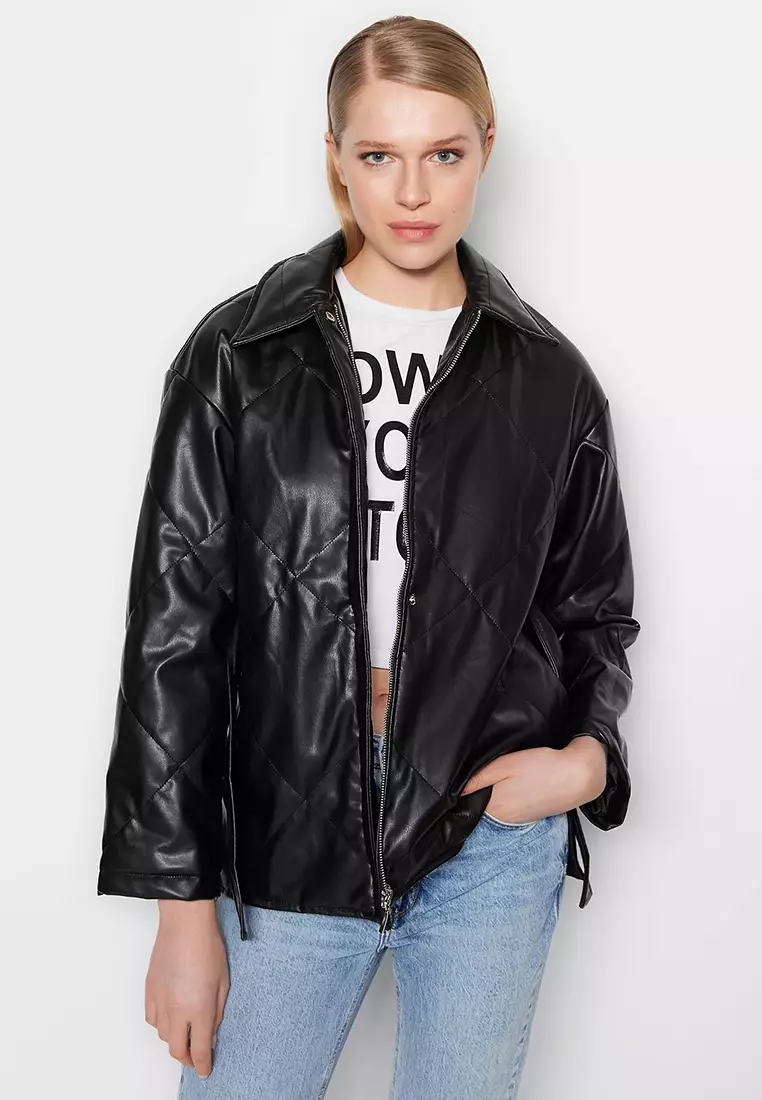 Pu leather belted jacket discount