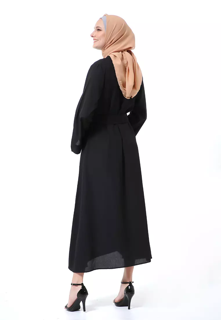 Khalisa Aiza Long Abaya Gamis Self Tie Belt Premium High Quality - Black