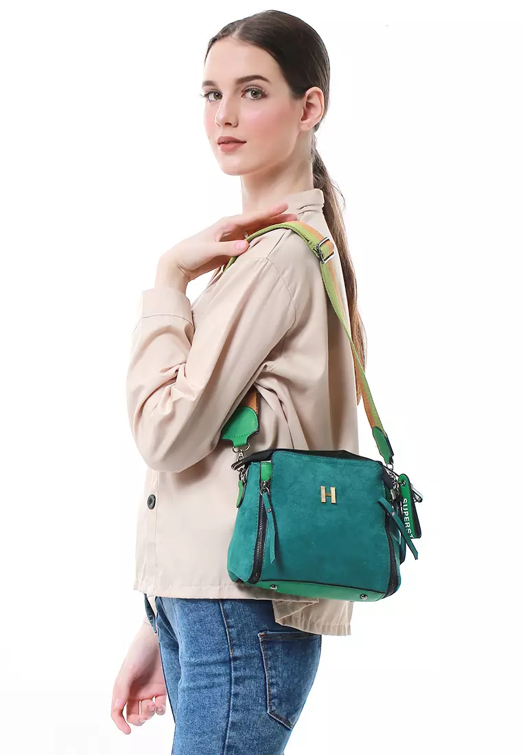 Eilaria Tas Selempang Wanita Zipper Design Sling Bag Mini Material Beludru ORIGINAL - Green