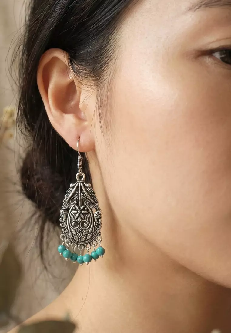 Aksesoris Wanita Encarved Ethnic Turqouise Trinkets Earring Anting Wanita Silver & Turqouise