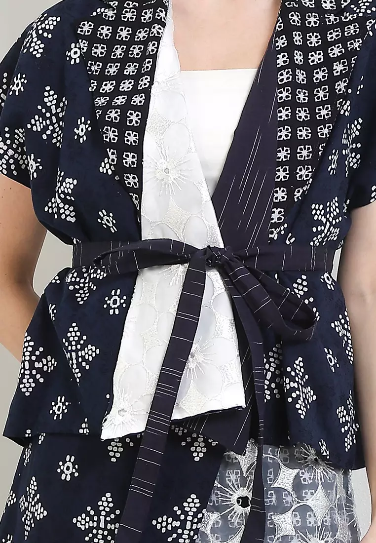 Setelan Outer Vest Cardigan Batik Cap Dobby Atasan Wanita dan Bawahan Rok Midi Spesial JFW Collection Binar Arula Navy