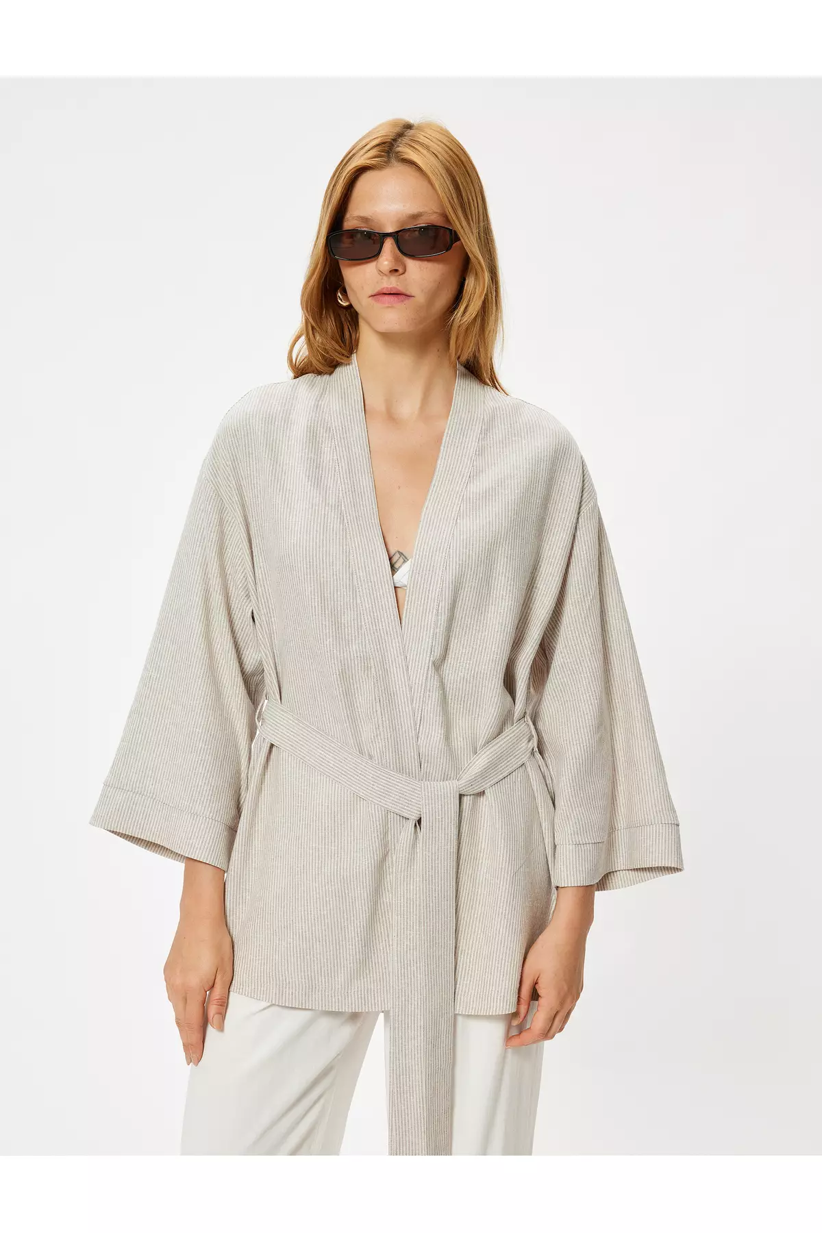 Oversize Linen Kimono Wide Long Sleeve and Belt Detail