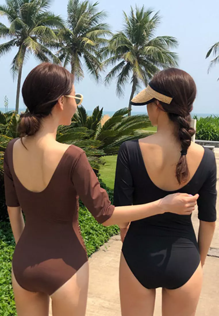 V-Neck Backless Pleated Belly-Covering Triangle One-Piece Swimsuit A22031708BK