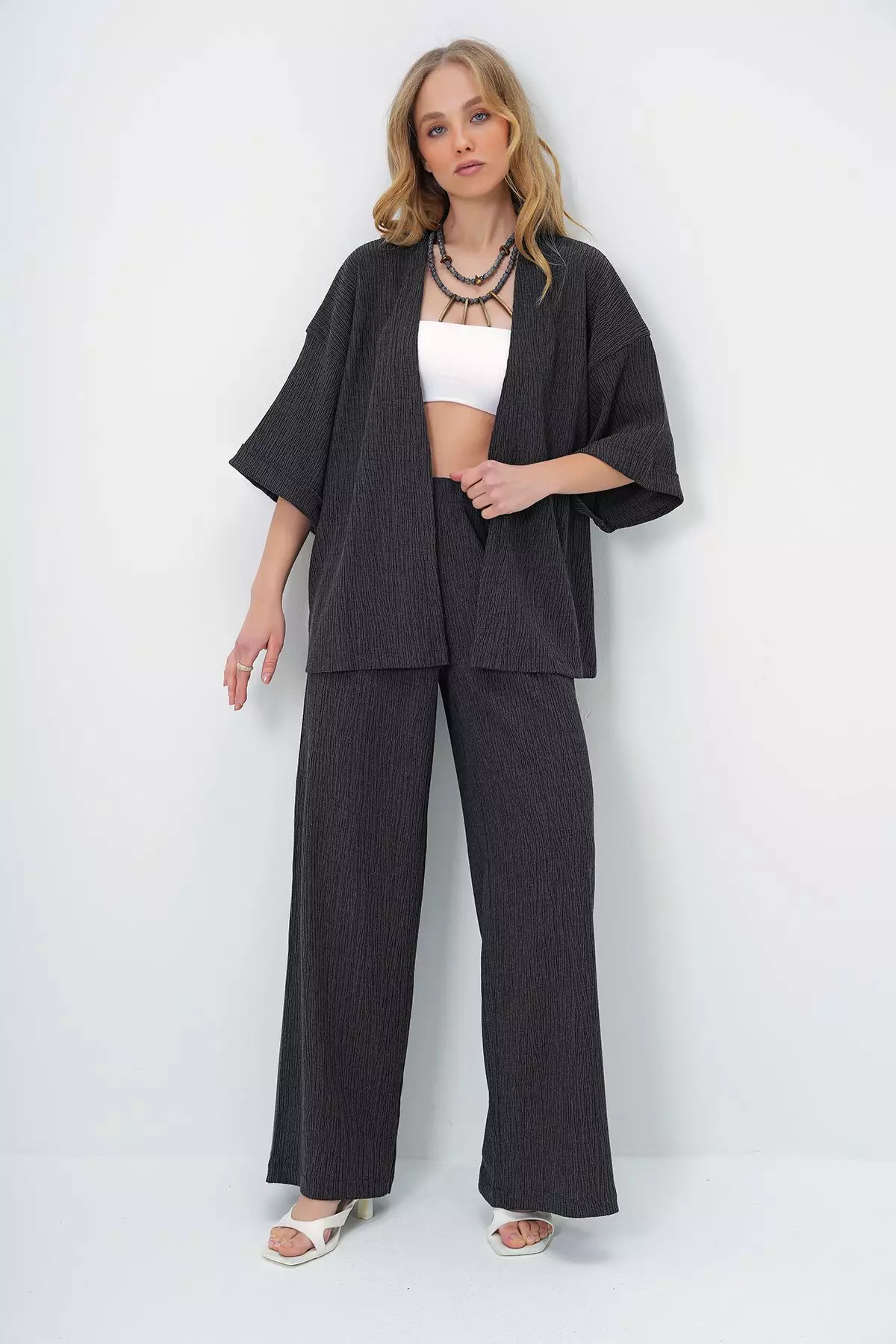 Women's Anthracite Double Sleeve Wrap Fabric Summer Kimono And Trouser Set