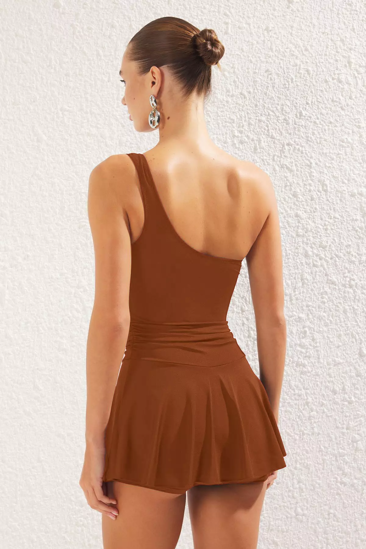 Brown One Shoulder Skirt Shorts Swimsuit