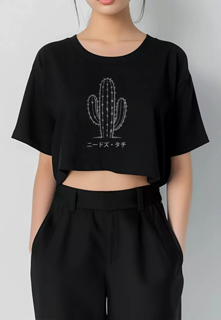 LTH06 Kaos Crop Top Wanita "cactus outline" OLC hitam