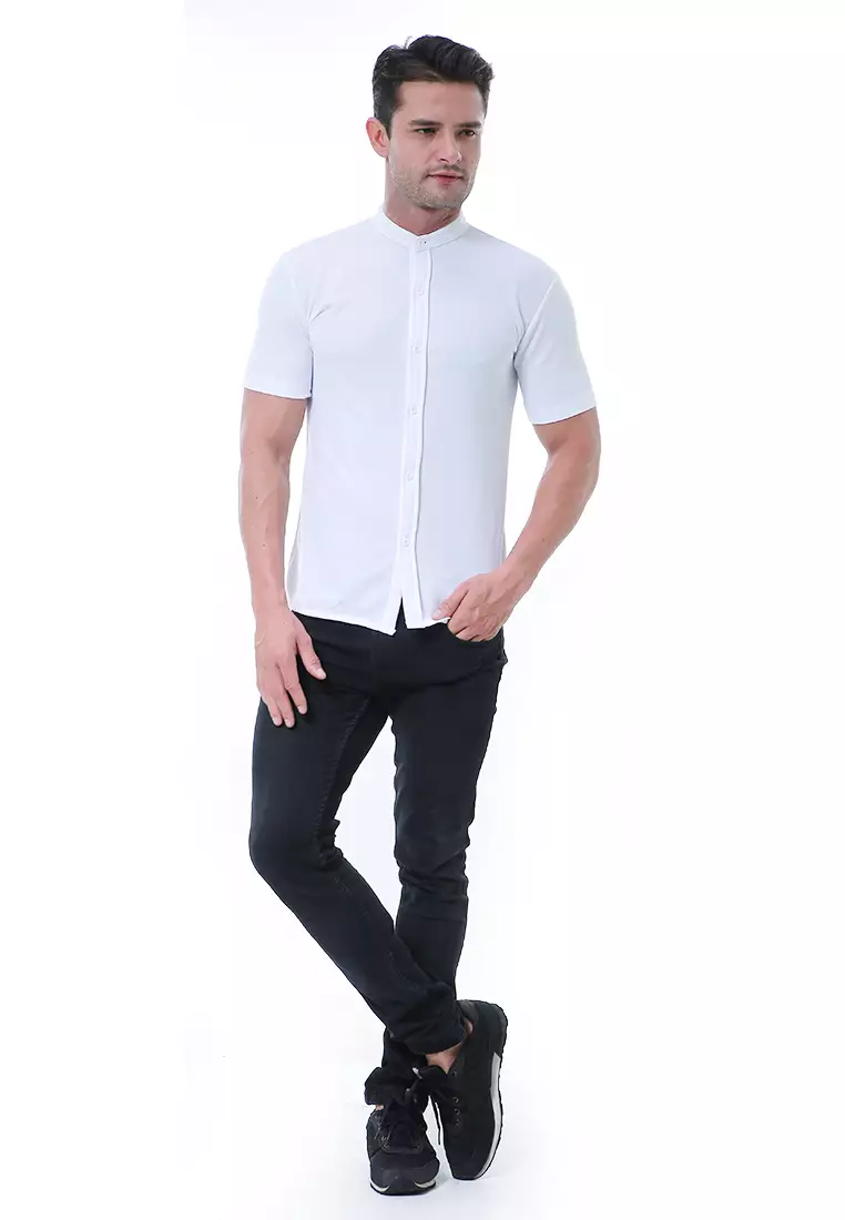 Leopold Atasan Pria Kemeja Kasual Slim Fit Lengan Pendek Motif Polos Material Cotton ORIGINAL - White