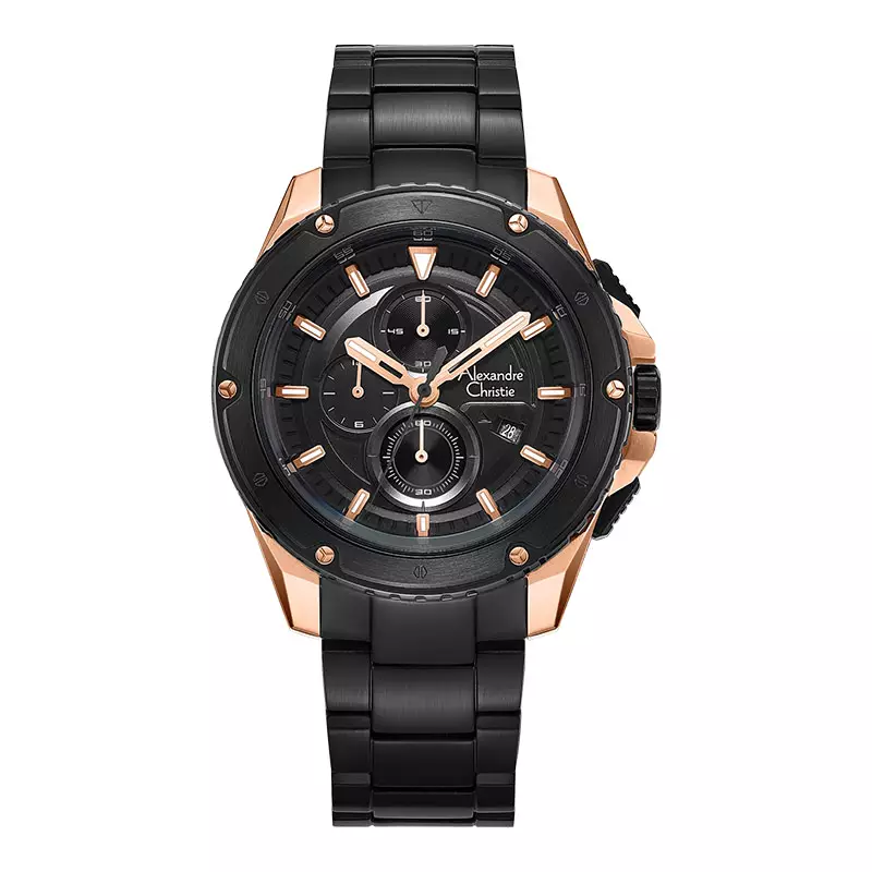 Jam Tangan Pria Alexandre Christie Chronograph AC 6653 MC BBRBA Men Black Dial Black Stainless Steel Strap
