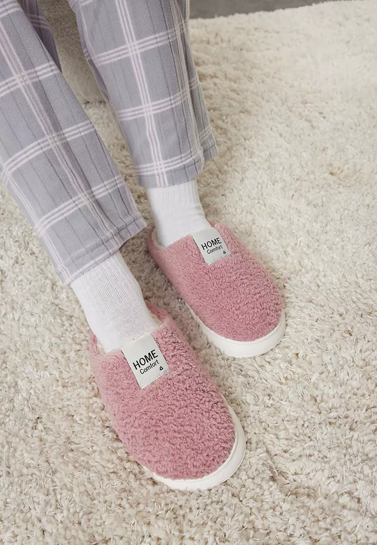 Dusty Rose Plush Woven Label Detailed Women's House Slippers Takaw25Er00012
