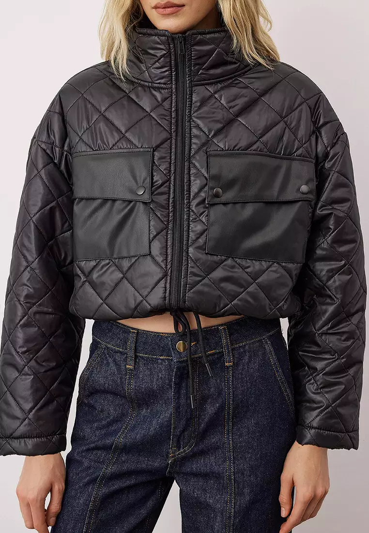 Black Regular Fit Faux Leather Pocket Detailed Quilted Coat