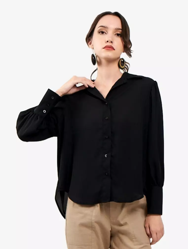 TONIQUE Kemeja Wanita Katun Lengan Panjang Reguler Fit CATHY Atasan Wanita Hitam