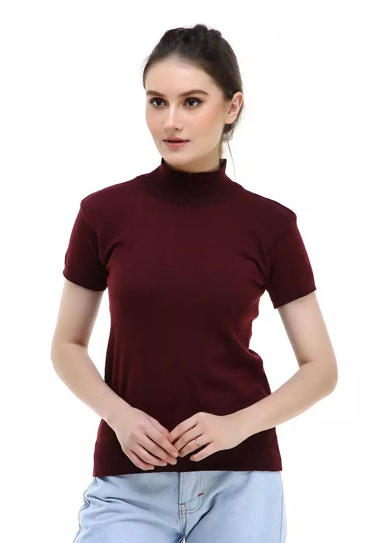 Earl Tshirt Lengan Pendek Turtleneck Design Simple Atasan Wanita - Maroon