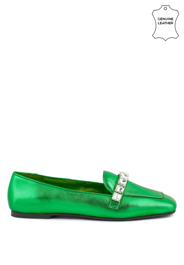 Green Metallic Diamante Leather Loafers