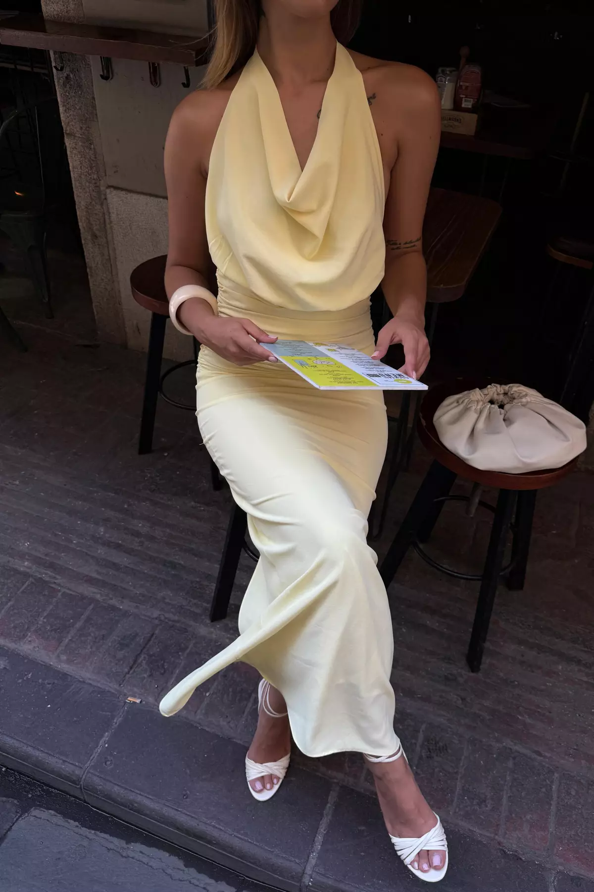 Light Yellow Cowl Neck Woven Evening Dress & Graduation Dress