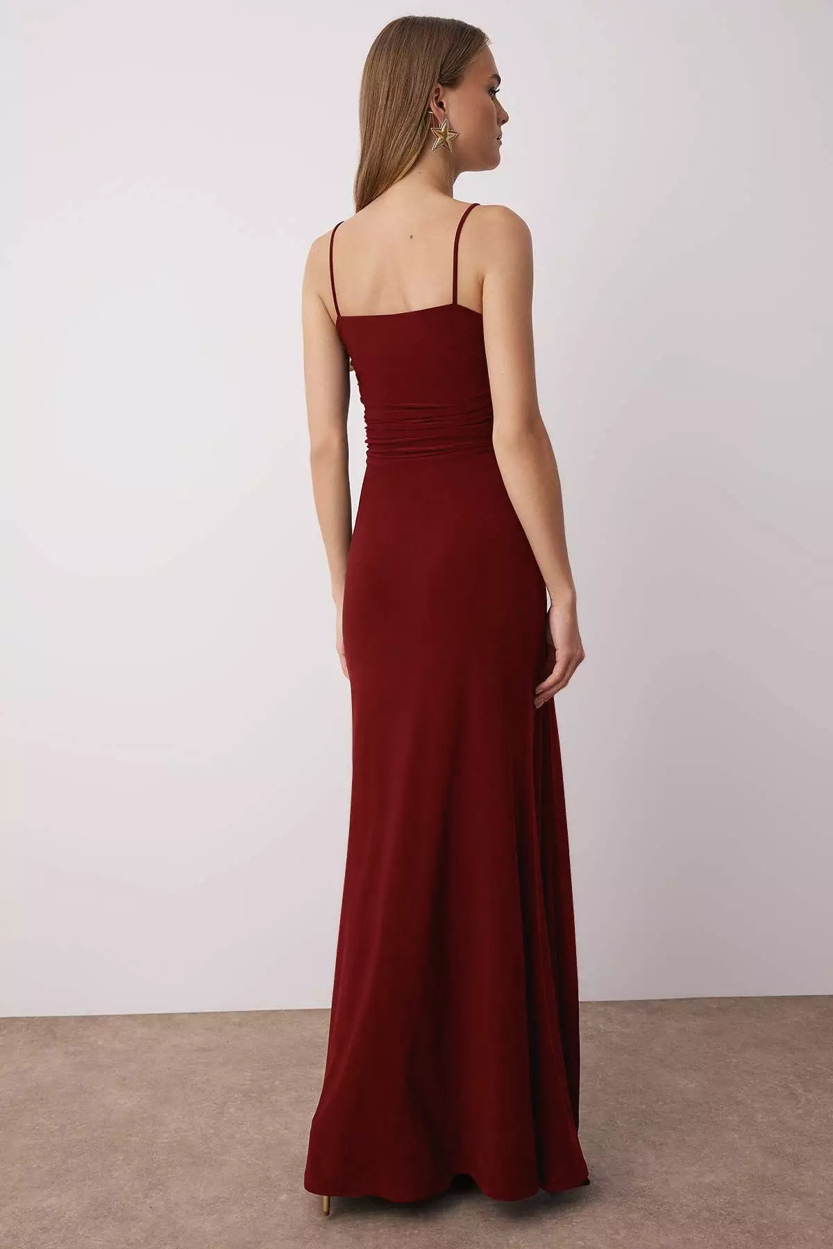Burgundy Body-Styling Accessory Detailed Knitted Maxi Evening & Graduation Dress