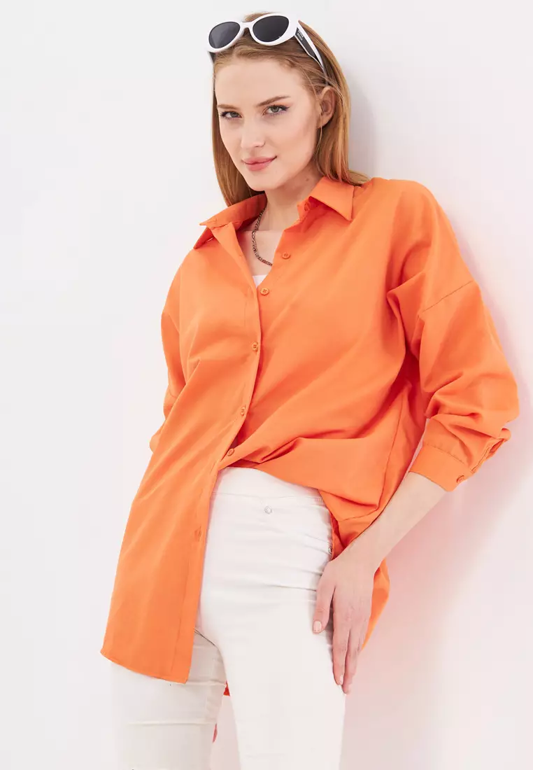 Orange Oversize Long Basic Shirt