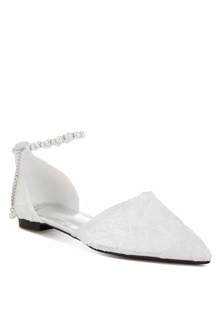 Pearl & Rhinestone Strap Flat Sandals in White