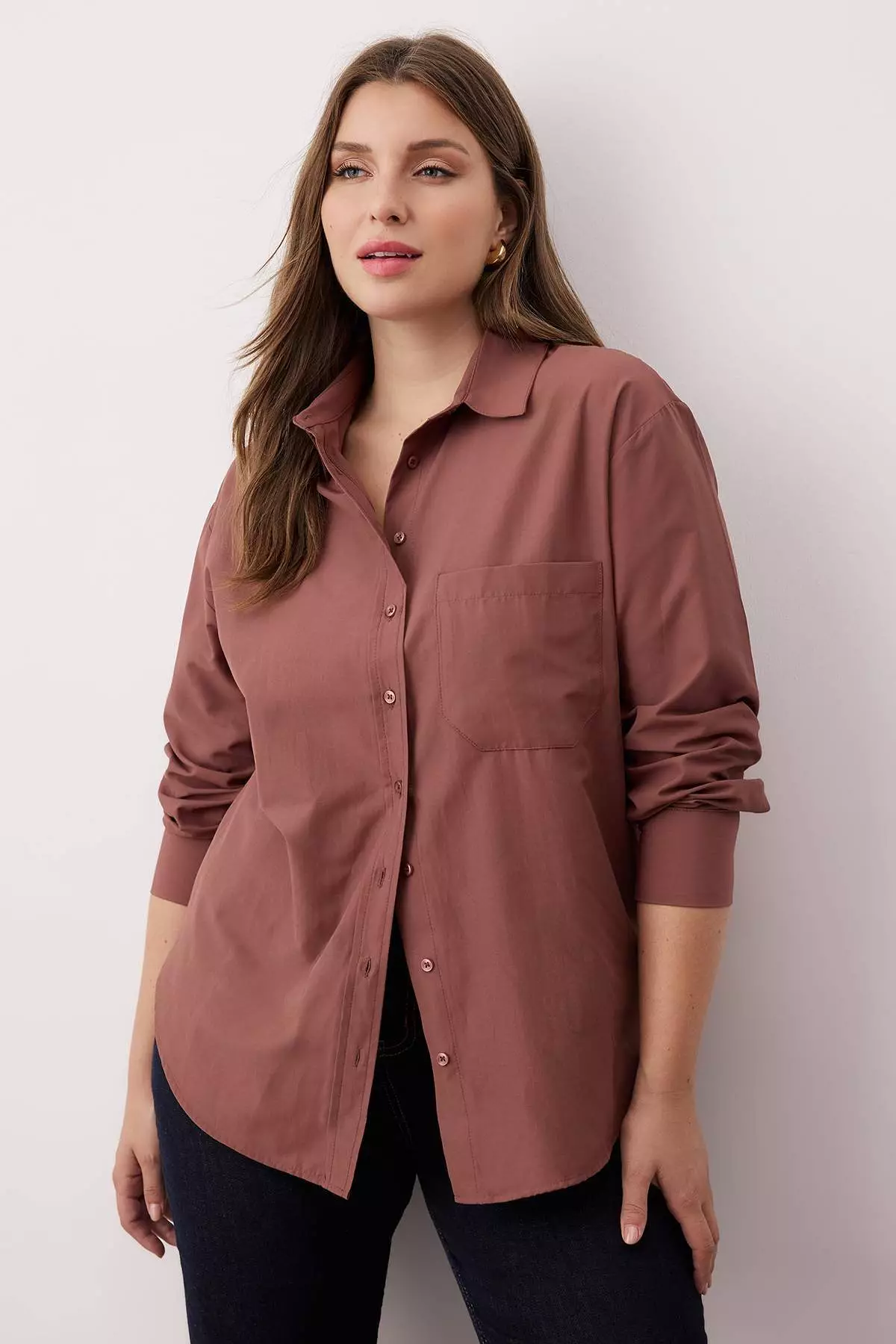 Brown Loose Fit Cotton Long Sleeve Plus Size Woven Shirt